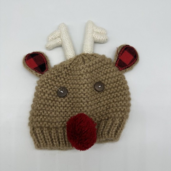 Mud Pie Christmas Bib & Reindeer Hat 0-6M Knit Beanie Red Tartan Plaid Baby - Picture 4 of 8